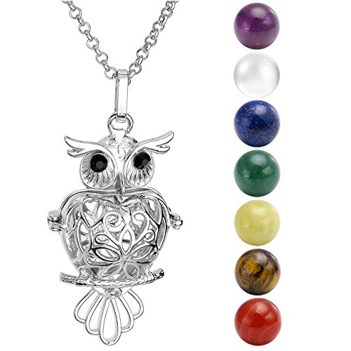 Jovivi Bijoux Collier Pendentif Ouvrir Ciselé Forme Hibou Argenté + 7 Pièrres Chakras Naturelles Tibétain Boud
