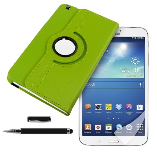 3in1 Set: kwmobile Hülle für Samsung Galaxy Tab 3 8.0 T3100 – 360° Standfunktion Case Tablet Schutzhülle Kunstleder – Smart Cover Tabletcase Grün + Folie, kristallklar + Stylus, Schwarz - 5