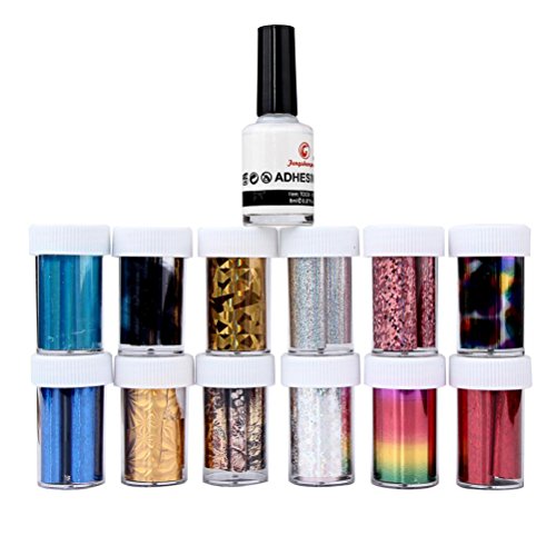 LHWY Nail Art Transfer Foil 12 Colors Sticker for Nail Tip Decoration 2Glue Set