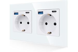 JIMEIDA Podwójne gniazdo wtykowe z USB w kolorze białym, 16 A, szkło Schuko z szybkim ładowaniem, złącze USB i port typu C maks. 3,1 A, podtynkowy styk ochronny, gniazdko ścienne 86 mm, 250 V, 1 gniazdo