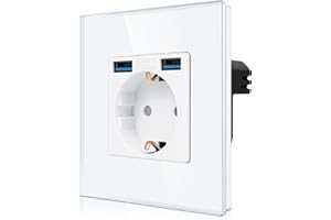 CNBINGO Pojedyncze gniazdko z 2 x przyłączem USB (2 typ-A łącznie maks. 2,1 A) – proste szkło Schuko podtynkowe – białe gniazdko ścienne z zabezpieczeniem przed dziećmi