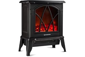 TRUESHOPPING Freestanding Portable Electric Stove Heater - 1800W Indoor Fireplace with Wood Log Burning Flame Effect - Adjustable Thermostat & Overheat Protection - Black