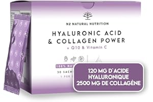 Collagene et Acide Hyaluronique 2500 mg + Q10 + Vitamine C. Haute Concentration. 30 Jours Traitement. Aide à Articulations, Os, Peau et Cheveux. UE. N2 Natural Nutrition
