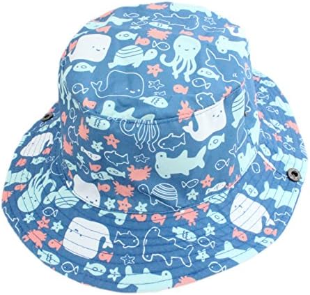 Baby Kids Boys Girls Sea Animals Summer Bucket Cowboy Sun Hat with Chin Strap (Blue, L - 12-24 mths)