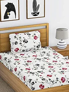 HUESLAND by Ahmedabad Cotton Comfort 144 TC Cotton Single Bedsheet with 1 Pillow Cover - Cream, Pink and Green