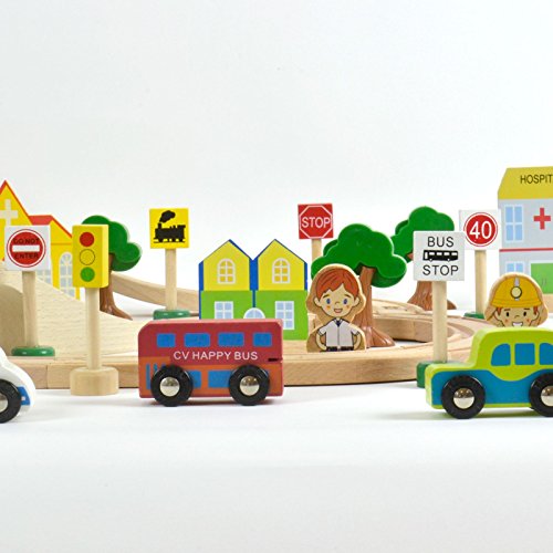 Wooden Railway Train Set - 80 Pieces with Play Accessories