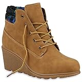  Damen Keilstifefeletten Worker Boots Wildleder-Optik Wedges Stiefeletten Schnürstiefeletten Schuhe 123178 Hellbraun Grün 38 Flandell