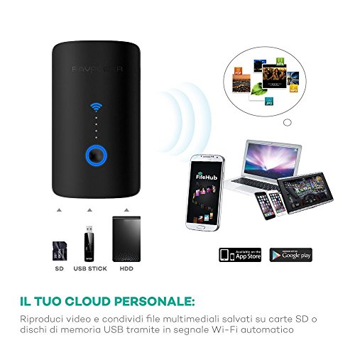 FileHub RAVPower Router Wifi Portatile, Ripetitore Wifi, Lettore per SD Card fino a 256G, Hard Disk Wireless, Batteria Esterna da 6000mAh, Hotspot, Access Point per Dischi e Chiavetta USB, File Sharing - Nero