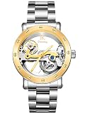 Alienwork IK Herren Damen mechanische Automatik-Uhr silber mit Edelstahl Metallarmband Skelett