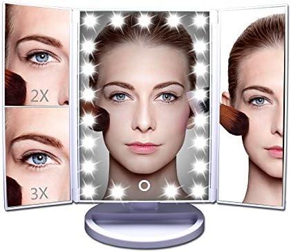 COSOON Tri-Fold Lighted Makeup Mirror with 21 LED Lights &amp; 2X &amp; 3X Magnifying Mirror Folding Vanity Mirror for Travel Home Bathroom, USB or Battery Powered (White)