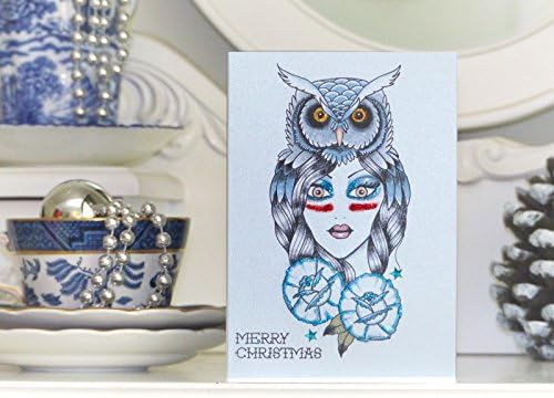 GODDESS OF WINTER NIGHTS WEARING AN OWL HEADDRESS TATTOO HANDMADE CHRISTMAS CARD