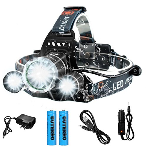 OUTERDO 5000Lumen T6 +2R5 LED Stirnlampe 4 Mode LED Kopflampe Head lamp+ 2 x 18650 Akku + AC Ladegerät Für Outdoor/Sports/Camping/Biking/Jagd/Fischerei