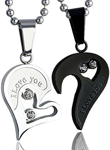 Cubic Zirconia Stainless Steel Couples Black&Silver Tone "I love you" Heart Pendant Necklace Set