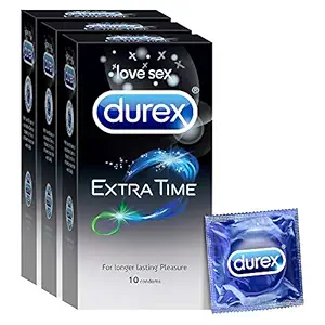 Durex Extra Time Condoms for Men - 10 Count (Pack of 3) | Performa Lubricant for Long Lasting Climax Delay | Suitable for use with lubes & toys