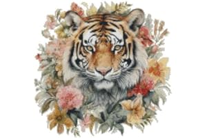 MAX STITCH DESIGN in me, The Tiger sniffles The Rose, Kit de punto de cruz contado, algodón de 14 quilates, 150 x 150 puntadas, 26 x 26 cm, kit de punto de cruz de algodón contado con tigre y flor