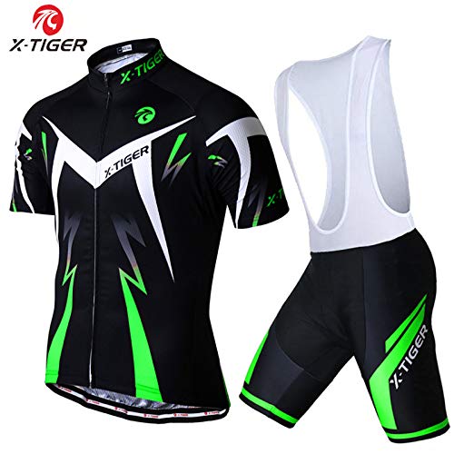 X-TIGER Ciclismo Maillots para Hombres con Tirantes Manga Corta Transpirable Secado Rápido con 5D Acolchado Gel Culotes Culotte Pantalones Cortos (Verde,2XL)