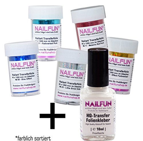 5 x Nailart Transferfolie je 120 x 4 cm (farblich sortiert) + 10ml Transferfolien-Kleber
