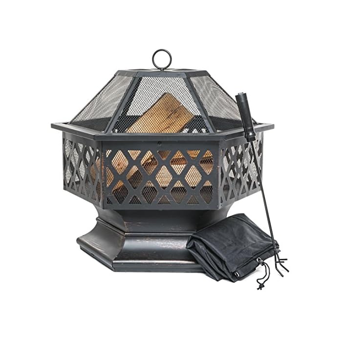 Feuerschale Fr Den Auenbereich Sechseckiger Feuerkorb Fr Garten Oder Terrasse Feuerstelle Mit Funkenschutz Schrhaken Und Schutzabdeckung Schwarz Und Bronze 61 Cm L X 65 Cm H