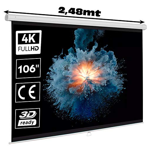 Pantalla de proyeccion Manual Luxscreen 106" Pulgadas, Formato 16:9, área Visible Blanca 234 x 132 cm , cajetin de 2,48 Metros Ganancia de Brillo 1:1 Superficie Blanco Mate Compatible con 1080p y 4K