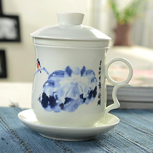 XYJHER Convenient Travel Office Loose Leaf Tea Brewing System Teacup- Porcelain Tea Cup Infuser4-Piece Set with Tea Cup Lid and Saucer,Homo root of lotus root
