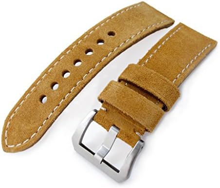 24mm MiLTAT Camel Brown Nubuck Leather Watch Band, Beige Stitching