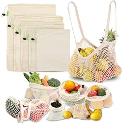 MAIKEHIGH Sacs de Fruits Légumes Réutilisables, 6 Pièce Coton Naturel Lavable Sac Shopping Zéro Déchet (XL,L,M,S, Fourre Tout, Poche)