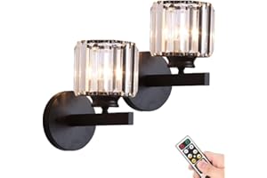 ANUOMY Battery Operated Sconces Wall Lighting 2 Pack,Non Hardwired Rechargeable Wall Lights Fixture with Remote,Modern Glass Shade Wall Lamp Black for Bathroom Bedroom Living Room Fireplace