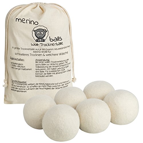 Trocknerbälle merino balls - 6 große Wollbälle aus reiner neuseeländischer Schafwolle für schnelle Trocknung und weiche Wäsche