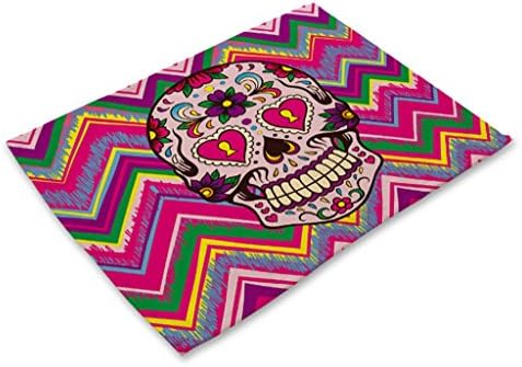 GT Placemat, Skull Head, Cotton and linen, Printing, Western mats, Rectangular, Non-slip mat, Heat-resistant, waterproof mats, Kitchen, Tableware mats, (6*Placemats, 42*32CM)