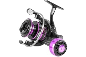 LECREATEKIT Carrete de pesca de metal, carrete de pesca de metal con relación de control de línea de engranaje de arrastre de 10 kg, carrete giratorio negro y morado para pesca en el mar