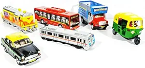 Jack Royal Toy City Bus, Train Engine,Taxi, Auto,Metro & Tuk Tuk Auto (Pull Back Toy)-Set of 6