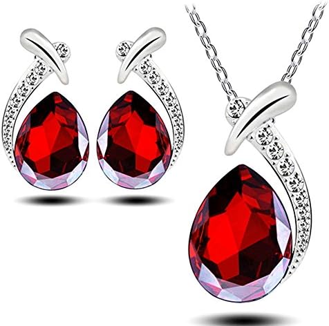 Neevas Fashion Austrian Crystal Jewellery Set: Stud Earrings, Necklace Lady Gift Girl (Red)