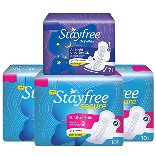 Stayfree Secure Ultra Thin Pads - 10 Pads (Extra Large, Pack of 3) with Free Dry Max All Night Ultra Dry Pads (Extra Large) RS.198 (31.00% Off) - Amazon