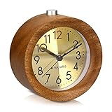Navaris Analog Holz Wecker mit Snooze - Retro Uhr Rund mit Ziffernblatt in Gold Alarm Licht - Leise Tischuhr ohne Ticken - Naturholz in Dunkelbraun
