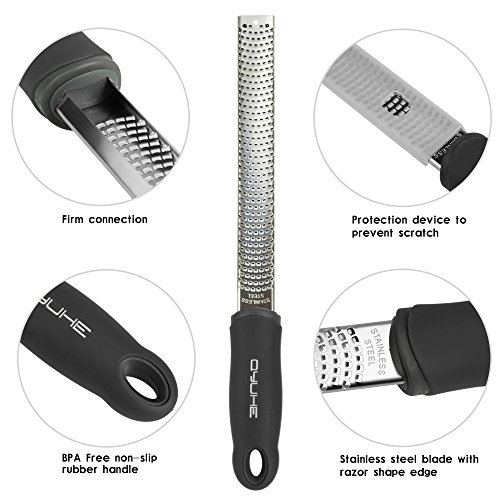 Qyuhe® Edelstahl Zestenreißer Reibe，Scharfe Klinge aus rostfreiem Stahl mit Sicherheitsabdeckung und Reinigungsbürste, schwarz - 2