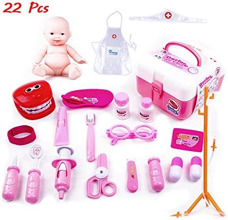 Sabe Doctor 15Pcs Dentist Boys Girls Medical Kits Children's Mini Medicine Box Appliances Role Play Fun Toys (22 Pcs, Pink01)