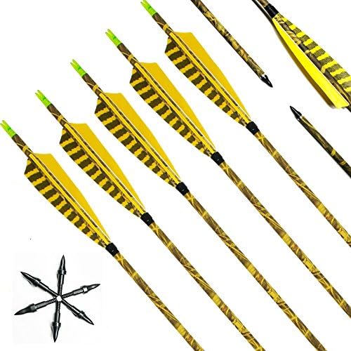 Archery Arrows Lizac Hunting target Arrow, Made in Carbon Fiber, 31” inch Dimension, Natural Feather Color in Camouflage, Practice or Hunting for Traditional Recurve bow and Longbow, included with arrows tips Replaceable (6 pcs)