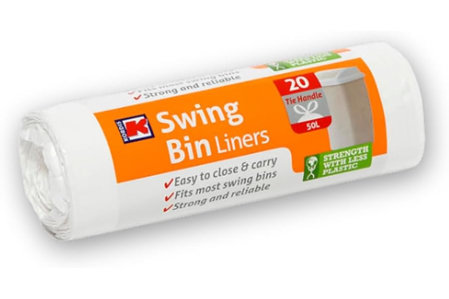 Kordis Strong Tie Handle Swing Bin Bag Liners - 1 Roll x 20 Bags. 50L White Plastic Bin Bags For Kitchen Bins & Large Indoor Trash Bin. 20 Heavy Duty, Unscented Garbage Bags - 60 x 90cm
