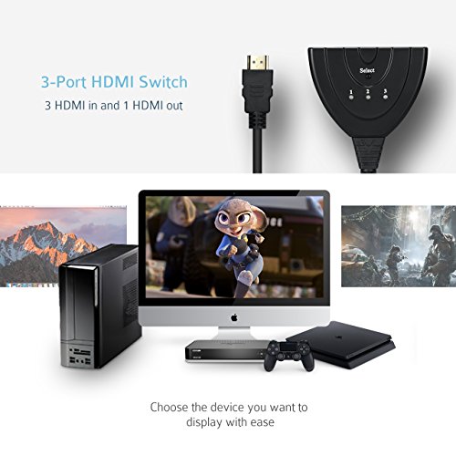 HDMI Switch, OMorc Vergoldet Full HD 1080P HDMI Verteiler mit USB Kabel 3 Port Umschalter 3 IN / 1 OUT 3D Ready HDMI Splitter Switcher Stecker Automatische Und Manuelle Umschaltung für HDTV, PS3, PS4, Xbox One, Bluray Player, DVD Player usw - 2