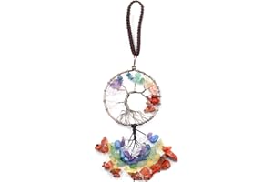 JNNJ Albero Della Vita Accessori per Appendere L'auto Retrovisore, 7 Chakra Pietre Albero Della Vita Da Appendere, Cristalli Arredamento Decorazione per Specchietto Retrovisore Auto(Tondo)