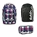 Produktbild satch by Ergobag 3-teiliges Set Berry Carry Lila Blau Karo Rucksack, Schlamperbox & Regenhaube Schwarz