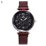 good01 Exquisite Damen-Armbanduhr, modisch, magnetische Schnalle, Netzband, rund, Quarz-Armbanduhr, Geschenk, rot