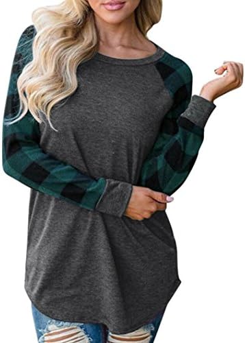 Women Checked Tops Sunday O-Neck Long Sleeve Sweatshirt Plaid Hoodies Raglan Crew Neck Pullover Tops Warm Grey Blouse Ladies Winter Spring Shirt Simple Outerwear (S, Green)