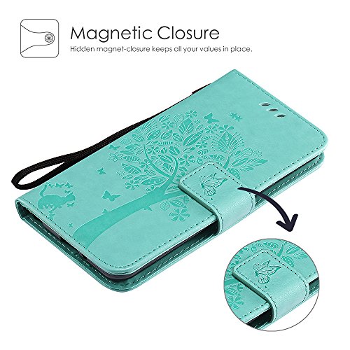 Motorola Moto C Plus HÃ¼lle, CLM-Tech Tasche aus Kunstleder Wallet Case - SchutzhÃ¼lle [Standfunktion] [Magnetverschluss] [KartenfÃ¤cher] [Handschlaufe] Flip Cover - Bookstyle Handy Flipcase Baum Katze Schmetterlinge grÃ¼n, PU Leder-Tasche fÃ¼r Motorola Moto C Plus LederhÃ¼lle