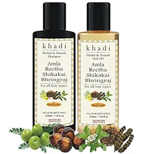 Satvayush Khadi Khadi Amla Reetha Shikakai Bhringraj Shampoo & Hair Oil Paraben and Mineral Oil Free(Pack of 2)- 210 ml Each