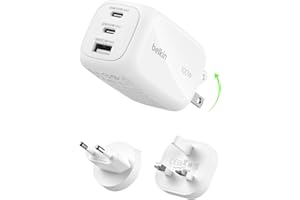 Belkin Chargeur Secteur GaN 3 Ports USB-C 100 W, 2 Ports USB-C et 1 Port USB-A, Fiches électriques UE/R.-U. / É.-U., pour MacBook, iPhone, iPad Pro, Samsung Galaxy, Google Pixel, etc - Blanc
