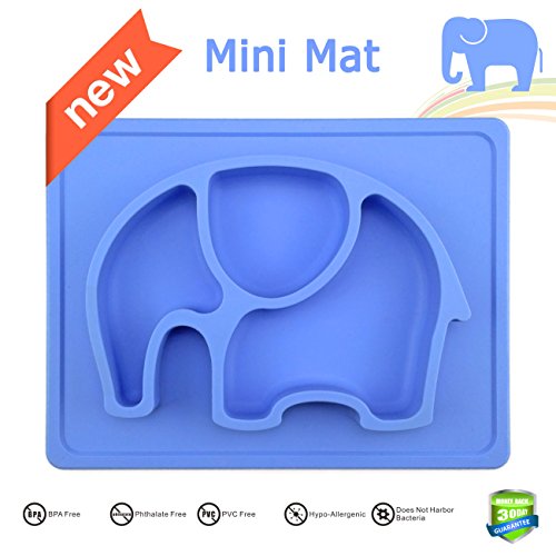 Mini Silicone Kids Placemat,Baby Feeding Mat,Silivo 10"x7.7"x1" One Piece Placemat Fits Most Highchair Trays Elephant Design Dinnerware Super Self Suction Pad Non-slip Placemats Tableware (Blue)