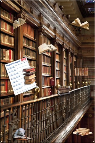 Magnettafel Bücherei – Märchenhafte Design Metall Magnetpinnwand 60x40 cm – Memoboard Pinnwand mit Motiv: Bücherregale Bibliothek – inkl. 8 Magnete Fliegende Bücher für Magnetwand – Original GUMA Magneticum®