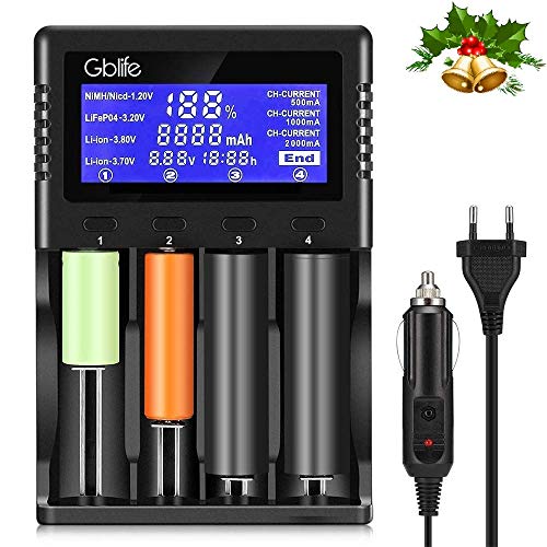 GBlife Chargeur de Piles Rapide Chargeur Intelligent avec Ecran LCD Claire Rétro-éclairé pour Piles Rechargeables A/AA/AAA/26650/20700/18650/18490/17700/17500 (Noir)