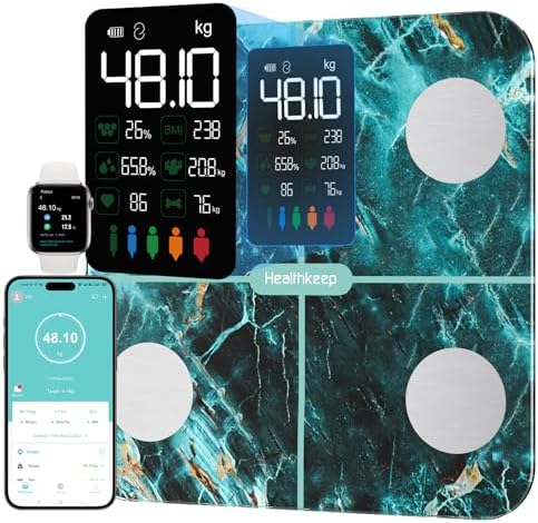 Bilancia per il grasso corporeo, bilancia per persone con grasso corporeo e massa muscolare, 15 dati del corpo con analisi del grasso corporeo, bilancia intelligente con app, ampio display, verde